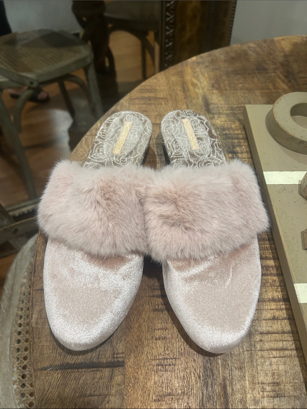 Taryn Rose Faux Fur Slip-On Mules in Blush Pink